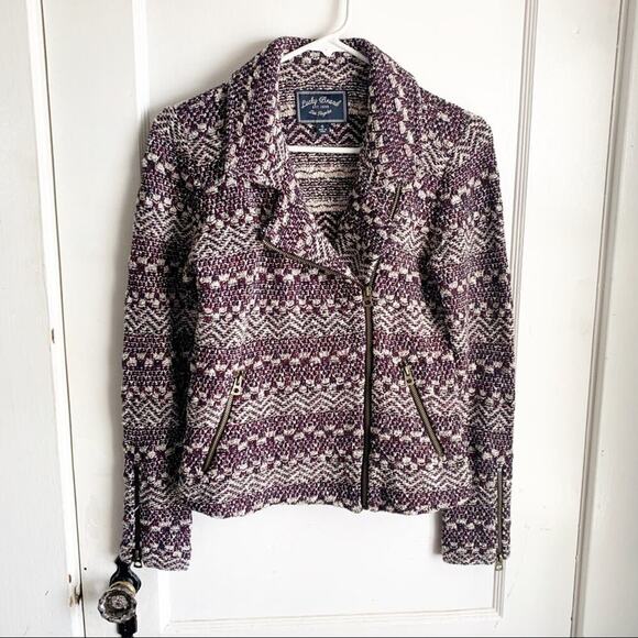 Lucky Brand Tweed Textured Moto Style Jacket Asymmetrical Zip Maroon Navy Size S - Picture 1 of 15
